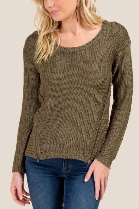 Francesca's Vanessa Crew Neck Zip Sweater - Olive