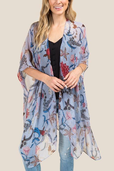 Francesca's Iris Floral Ruana - Chambray