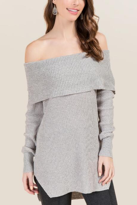 Francesca's Saralee Off Shoulder Pullover Sweater - Gray