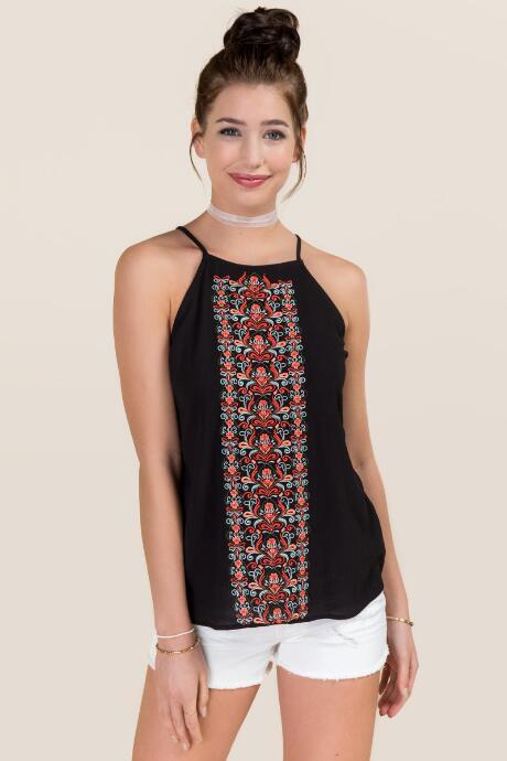 Blue Rain Pearl High Neck Embroidered Tank - Black