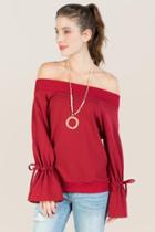 Francesca's Allena Off Shoulder Tie Sleeve Sweatshirt - Burgundy