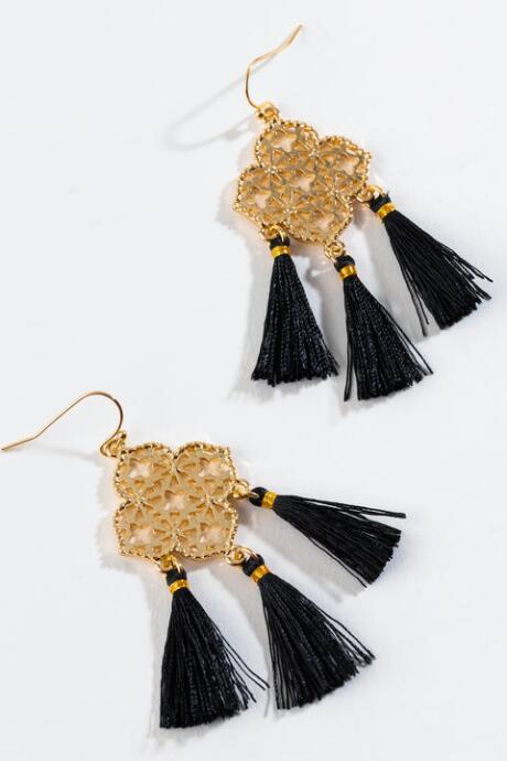 Francesca's Ivy Filigree Tassel Earrings In Black - Black