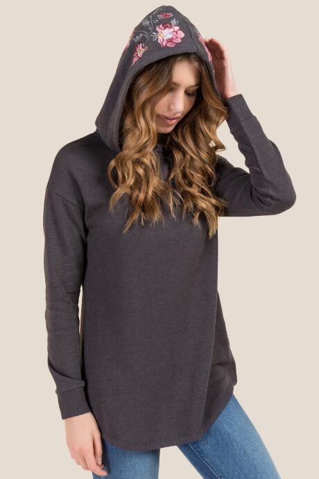Francesca's Lynlee Floral Embroidered Hoodie - Charcoal