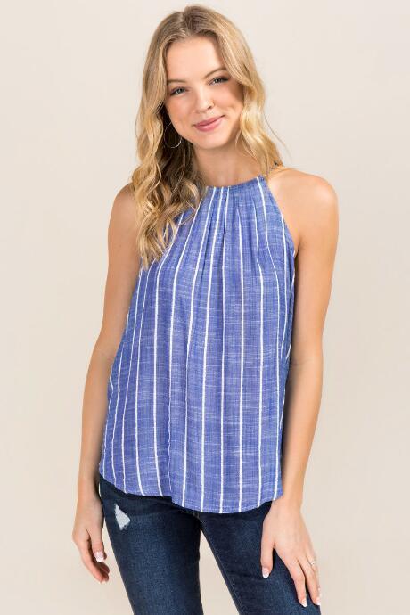 Blue Rain Evadney High Neck Pleated Striped Tank - Oxford Blue
