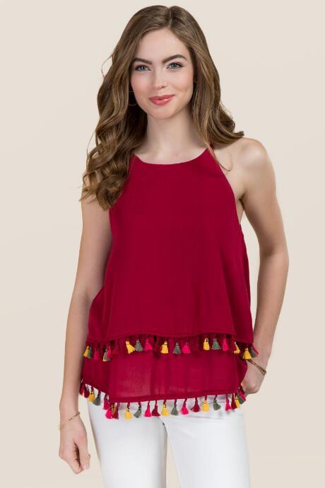 Blue Rain Callista Tiered Tassel High Neck Tank - Burgundy
