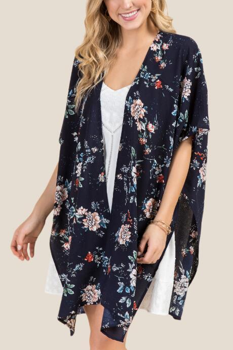 Francescas Mayson Floral Crepe Ruana - Oxford Blue