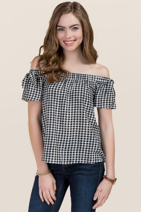 Blue Rain Alise Gingham Tie Off The Shoulder Top - Black/white