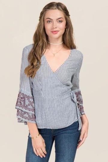 Jainsons International, Inc. Callie Double Flounce Sleeve Wrap Stripe Top - Navy