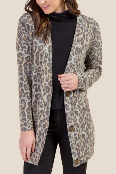 Francesca's Natalia Leopard V-neck Cardigan - Heather Oat
