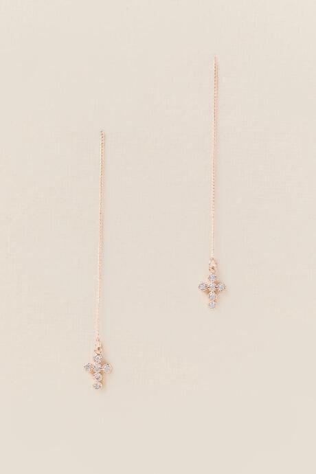 Francesca's Faith Crystal Cross Threader Earrings - Rose/gold