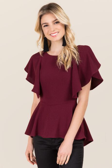 Blue Rain Marnie Flounce Sleeve Peplum Blouse - Burgundy
