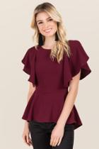 Blue Rain Marnie Flounce Sleeve Peplum Blouse - Burgundy