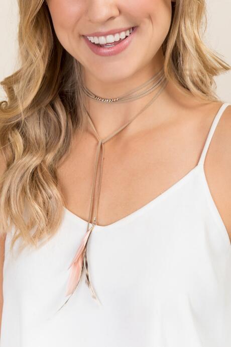 Francesca's Gemma Suede Wrap Feather Choker - Taupe