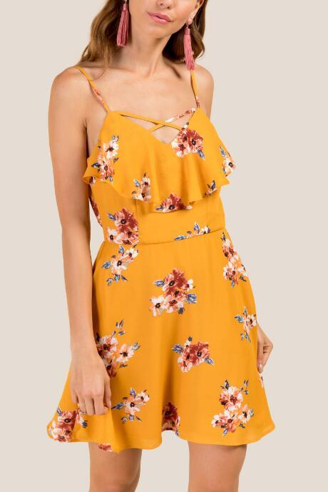 Francesca's Brianne Floral Flounce Dress - Mustard