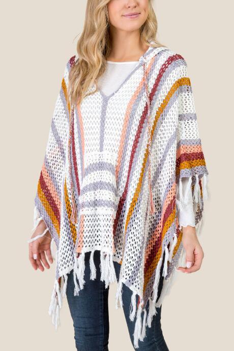Francesca's Joanne Striped Crochet Poncho - Ivory