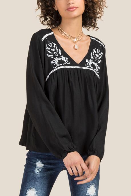 Francesca Inchess Billie V-neck Embroidered Bust Blouse - Black