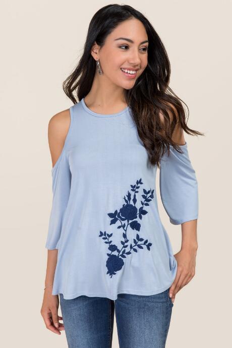 Alya Kennedy Embroidered Cold Shoulder Cupro Top - Oxford Blue