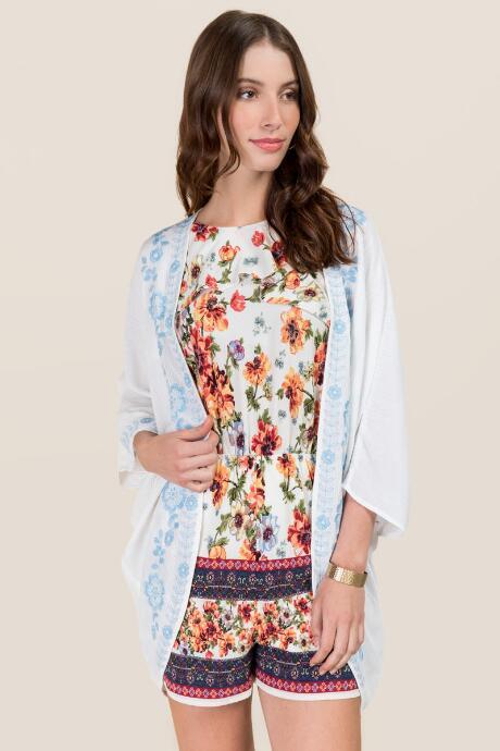 Blue Rain Lillia Floral Embroidered Kimono - Ivory