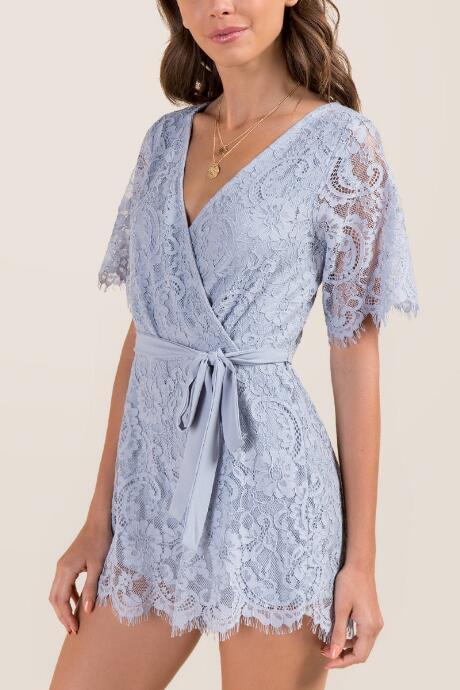 Francesca Inchess Lorelei Open Back Front Tie Lace Romper - Chambray