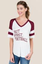 Sweet Claire But First Football Baseball Graphic Tee - Maroon