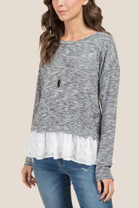 Francesca Inchess Ryleigh Long Sleeve Hacci Lace Twofer Top - Heather Gray