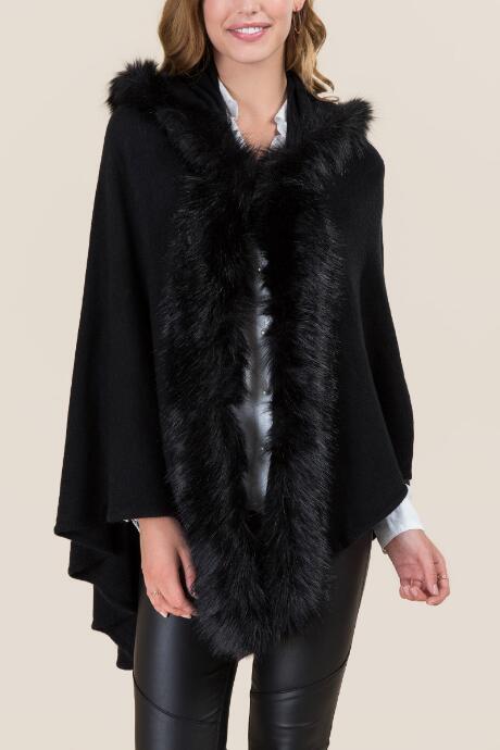 Francesca's Veronika Fur Hooded Ruana - Black