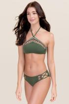Francesca's Maria X Side Embroidered Swimsuit Bottoms - Olive