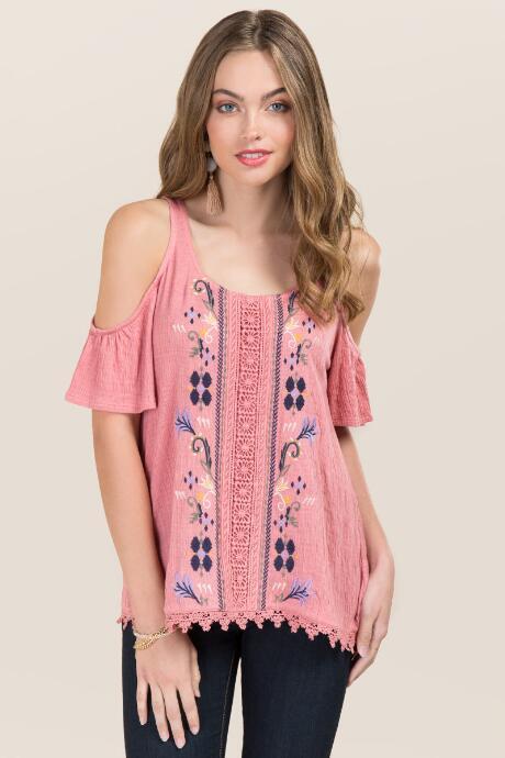 Francesca's Niki Floral Embroidered Cold Shoulder Top - Rose