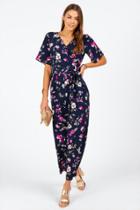 Francesca's Narah Floral Jumpsuit - Navy