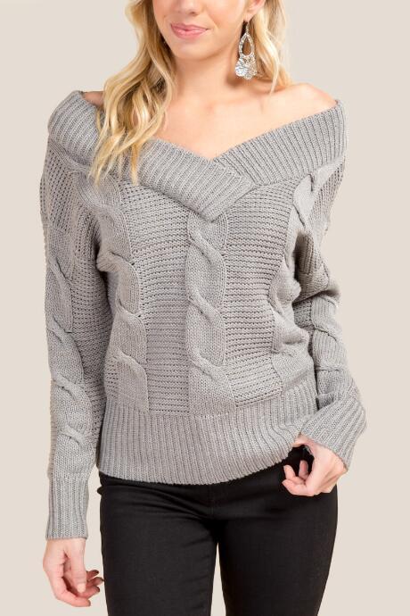 Francesca Inchess Nikki Double Vneck Cable Knit Sweater - Heather Gray