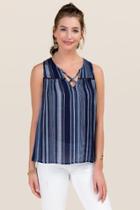 Blue Rain Maybell Lattice Striped Tank - Navy