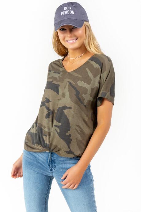Francesca's Dionne Camo Front Twist Top - Olive