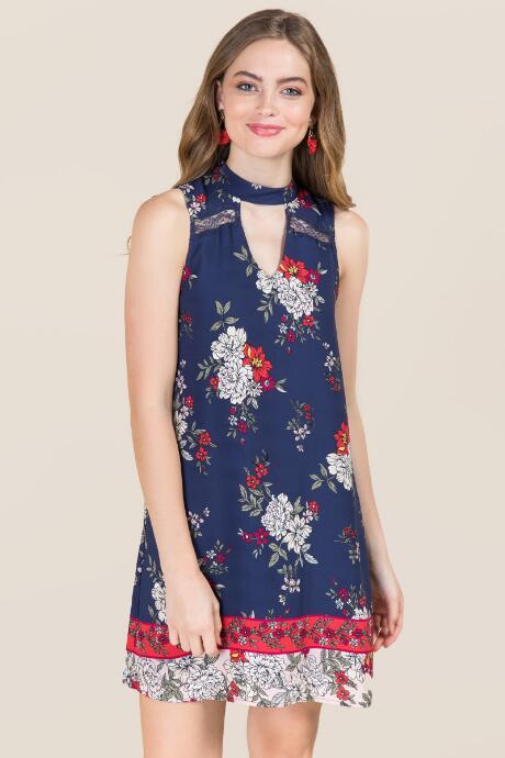 Blue Rain Bexley Gigi Floral Border Print Shift Dress - Navy