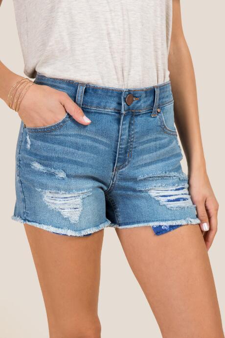 Francesca's Harper Floral Pocket Destructed Jean Shorts - Medium Wash