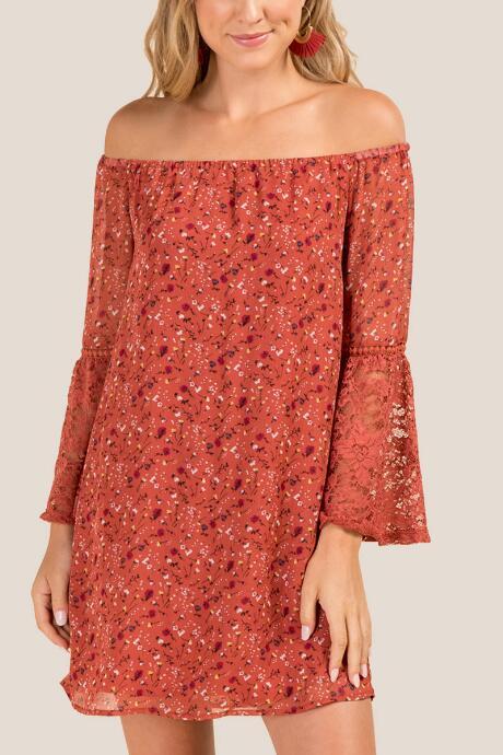 Francesca's Linda Off The Shoulder Shift Dress - Cinnamon