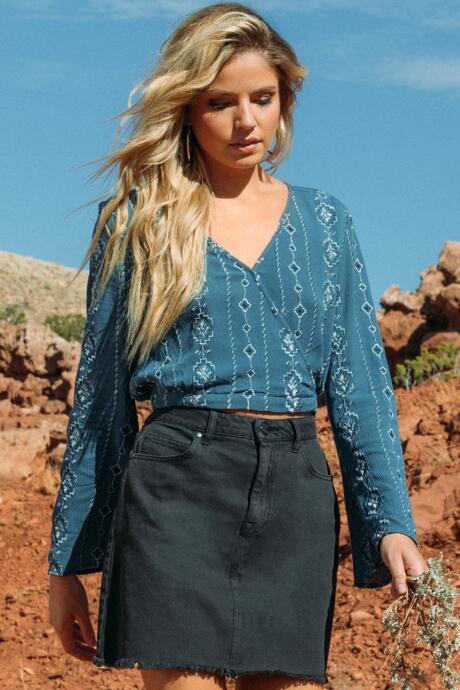 Francesca's Sheila Embroidered Surplus Blouse - Dark Teal