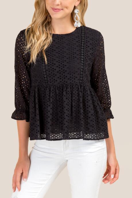 Francesca's Leah Eyelet Crochet Peplum Blouse - Black