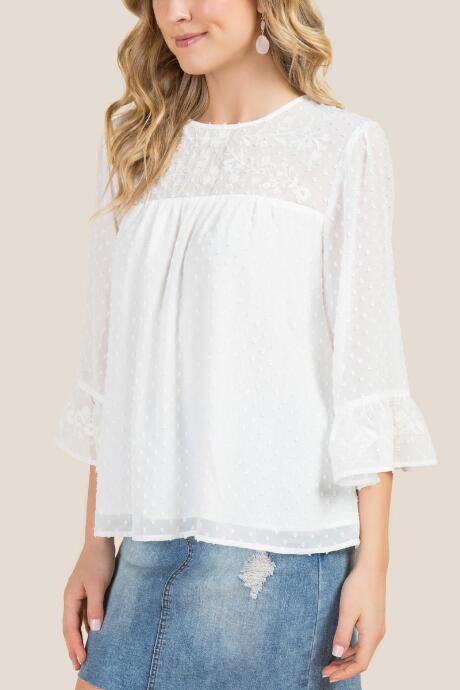 Francesca's Polly Embroidery Swiss Dot Blouse - White