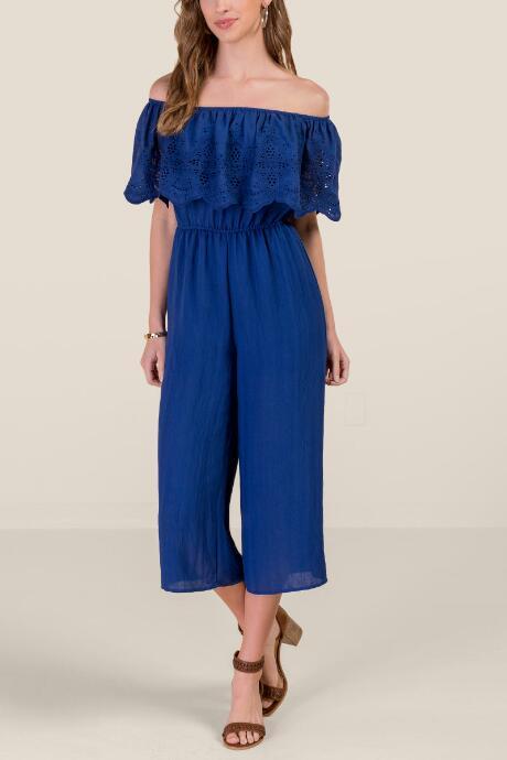 Francesca's Lana Eyelet Off The Shoulder Jumpsuit - Navy