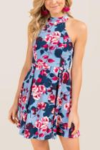 Francesca Inchess Valeria High Neck Floral Knit Dress - Oxford Blue