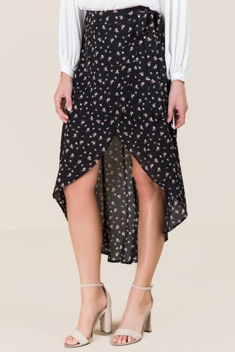 Francesca's Katja Floral Faux Wrap Skirt - Black