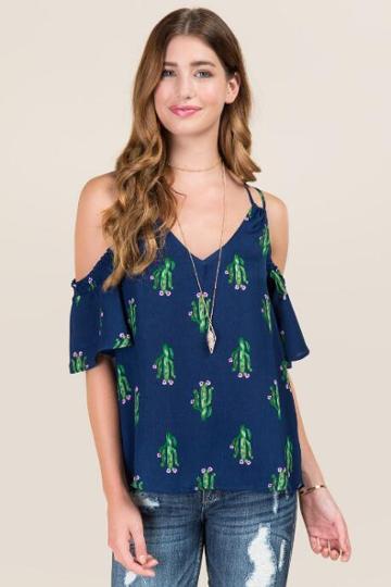 Secret Charm Llc Bethany Smocked Cold Shoulder Cactus Print Blouse - Navy