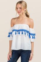 Blue Rain Hazel Detached Off The Shoulder Tassel Top - White