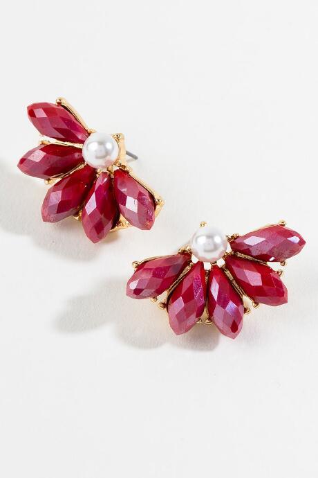 Francesca's Joyce Pearl Flower Studs - Burgundy