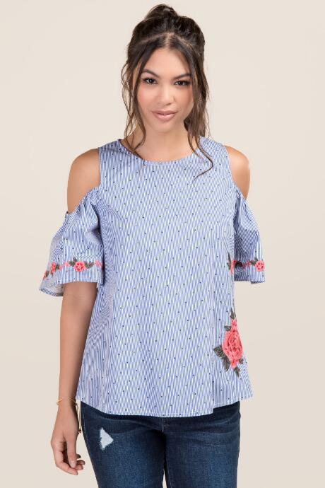 Blue Rain Hannah Dotted Striped Cold Shoulder Top - Navy
