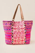 Francesca's Glenna Festive Embroidered And Pom Beach Tote - Neon Pink