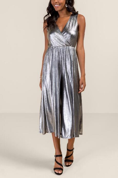 Francesca's Genesis Shine Holiday Jumpsuit - Silver