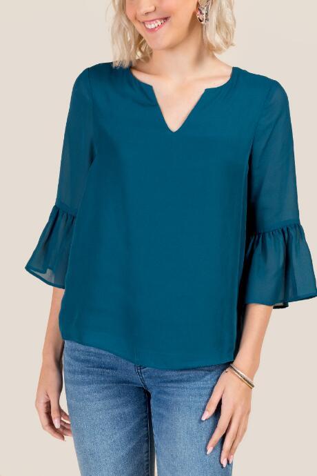 Francesca's Nikki Flounce Sleeve Blouse - Dark Teal