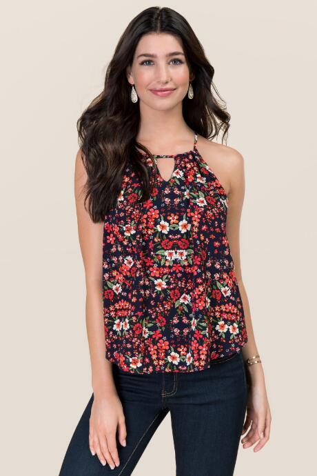 Miami Avril High Neck Keyhole Floral Tank - Navy