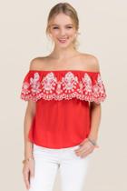 Blue Rain Leyla Embroidered Ruffle Off The Shoulder Top - Red